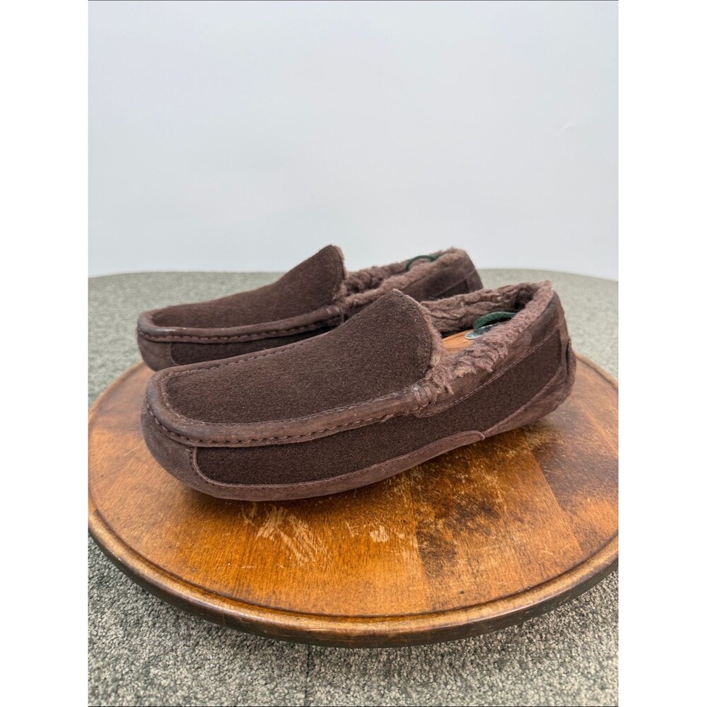 Ugg Slippers Mens 9 Ascot Brown Wool Leather Shearling Lined Moccasin Slip On